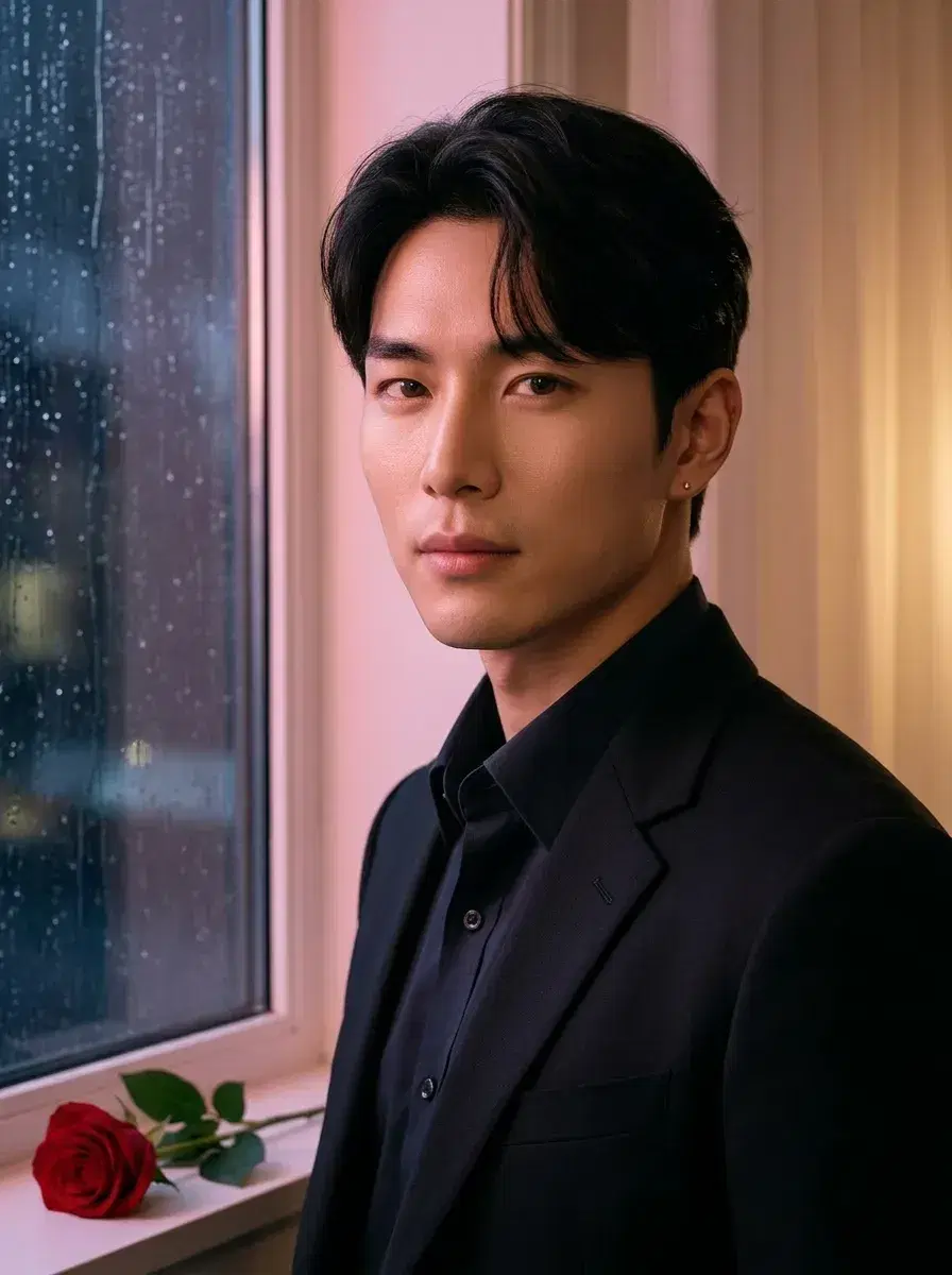 AI AI Valentine's Day Photos — Romantic Portraits — Person by a rainy window at night with pink and gold Valentine's Day light