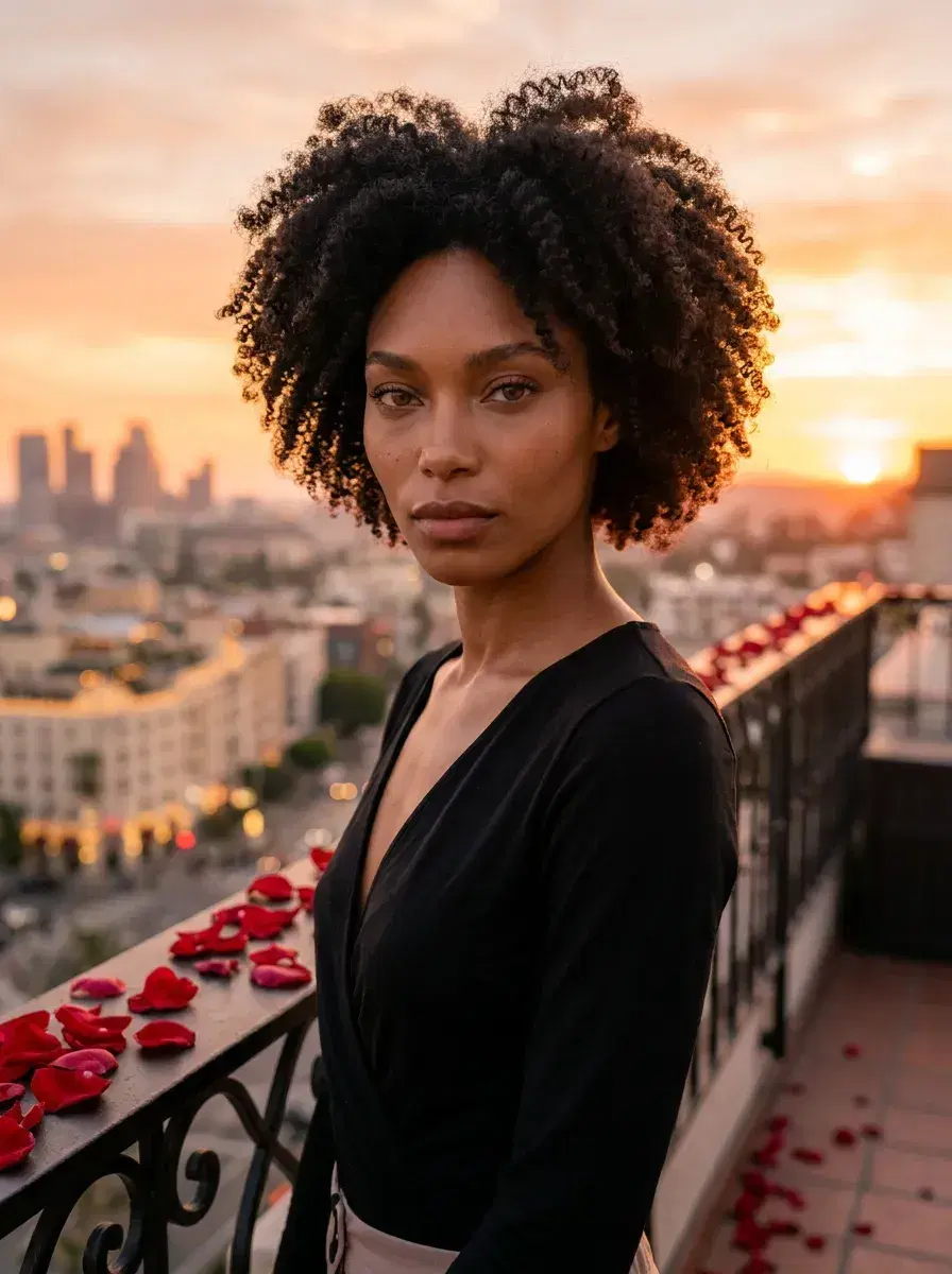 AI AI Valentine's Day Photos — Romantic Portraits — Person on a rooftop terrace at sunset with rose petals and city views for Valentine's Day