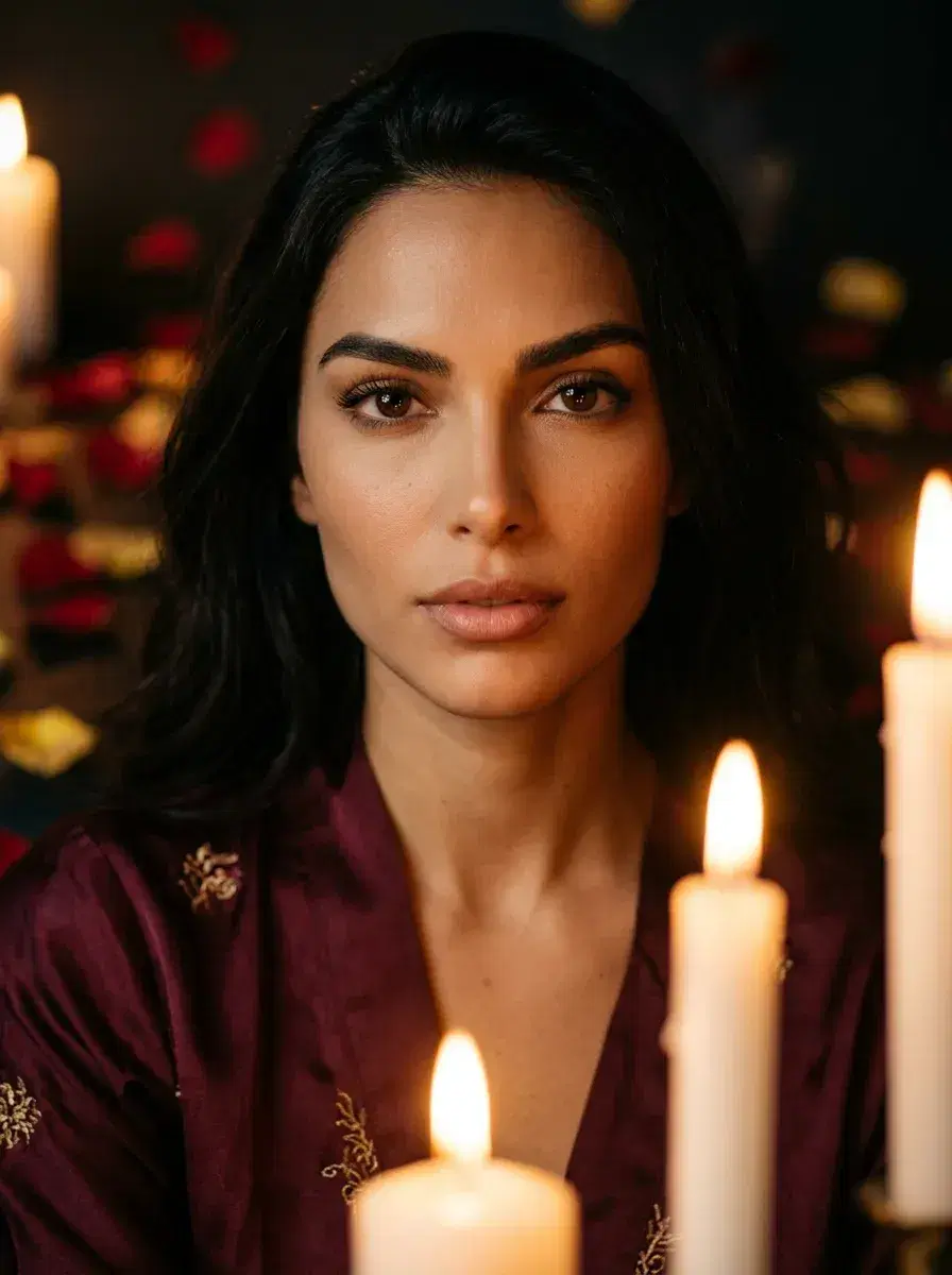 AI AI Valentine's Day Photos — Romantic Portraits — Close-up candlelit Valentine's Day portrait with burgundy and gold tones