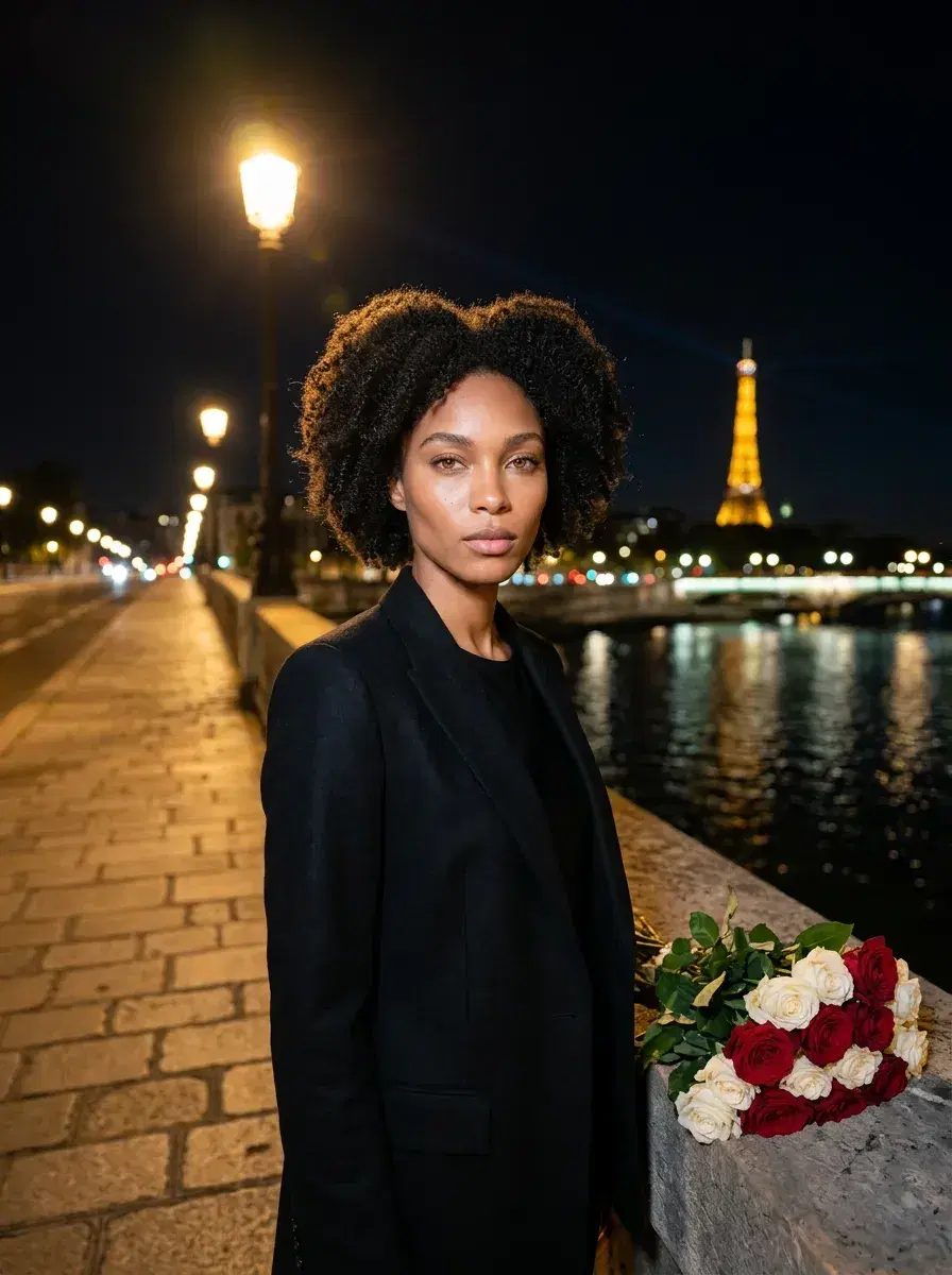 AI AI Valentine's Day Photos — Romantic Portraits — Person on a romantic Parisian bridge at night with roses and city lights for Valentine's Day