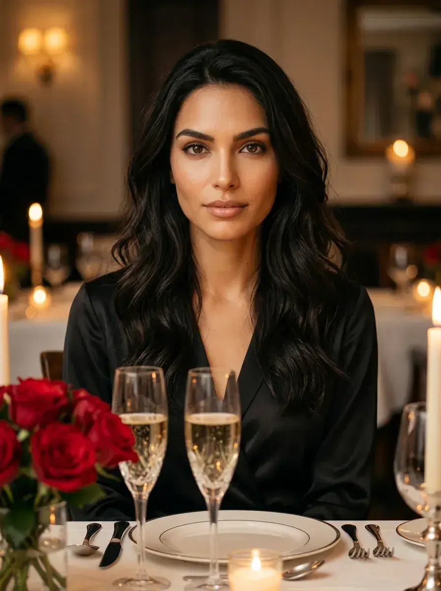 AI AI Valentine's Day Photos — Romantic Portraits — Person at a luxurious Valentine's Day candlelit dinner table with champagne and roses