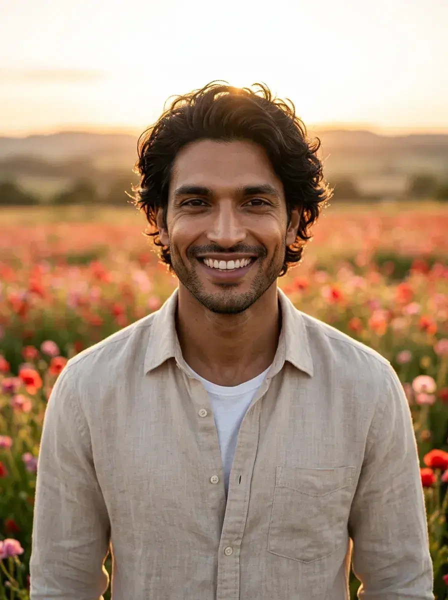 AI AI Valentine's Day Photos — Romantic Portraits — Person in a blooming flower field at golden hour for a dreamy Valentine's Day portrait