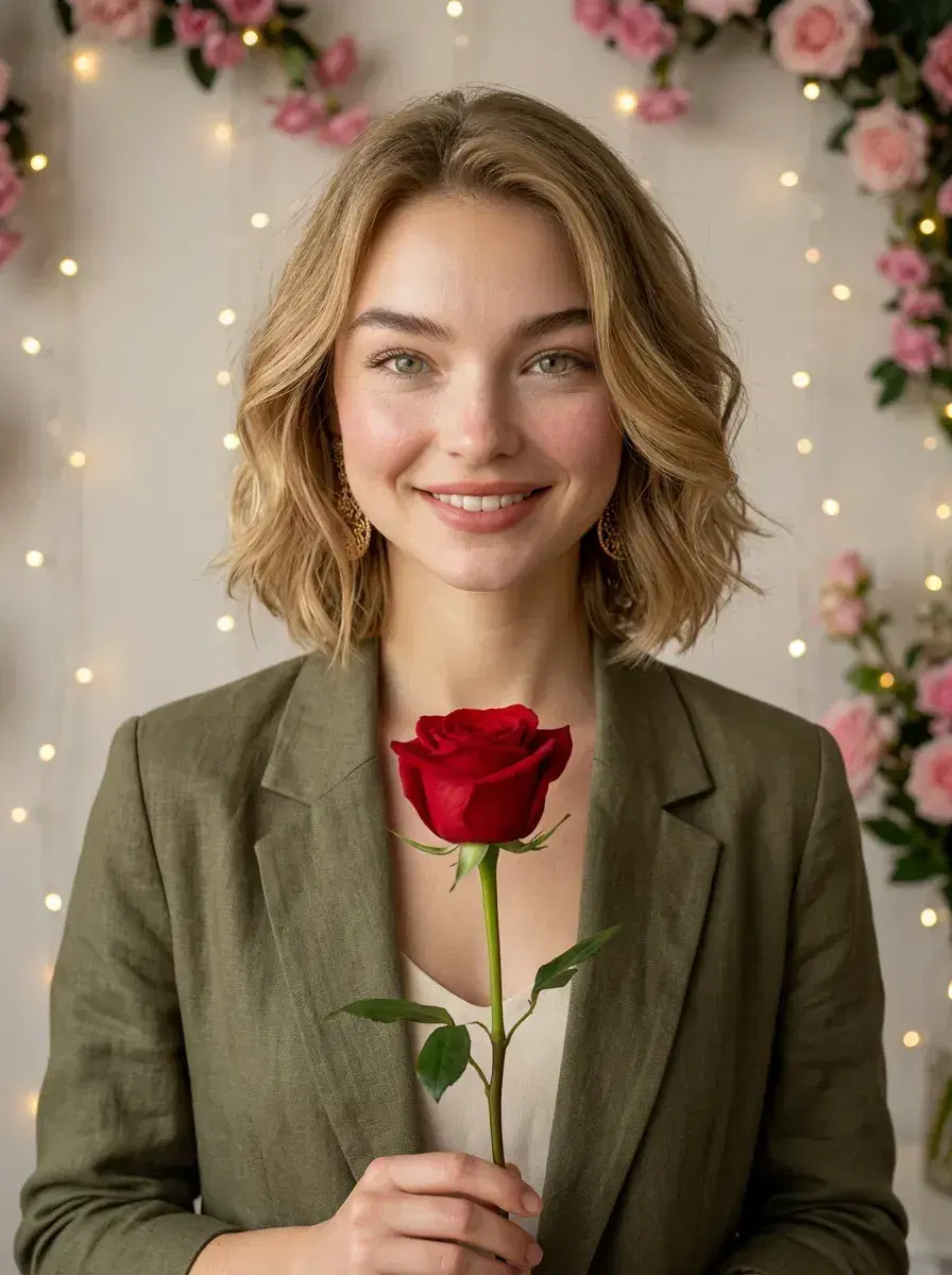 AI AI Valentine's Day Photos — Romantic Portraits — Person holding a red rose in front of a fairy-light and floral wall for Valentine's Day