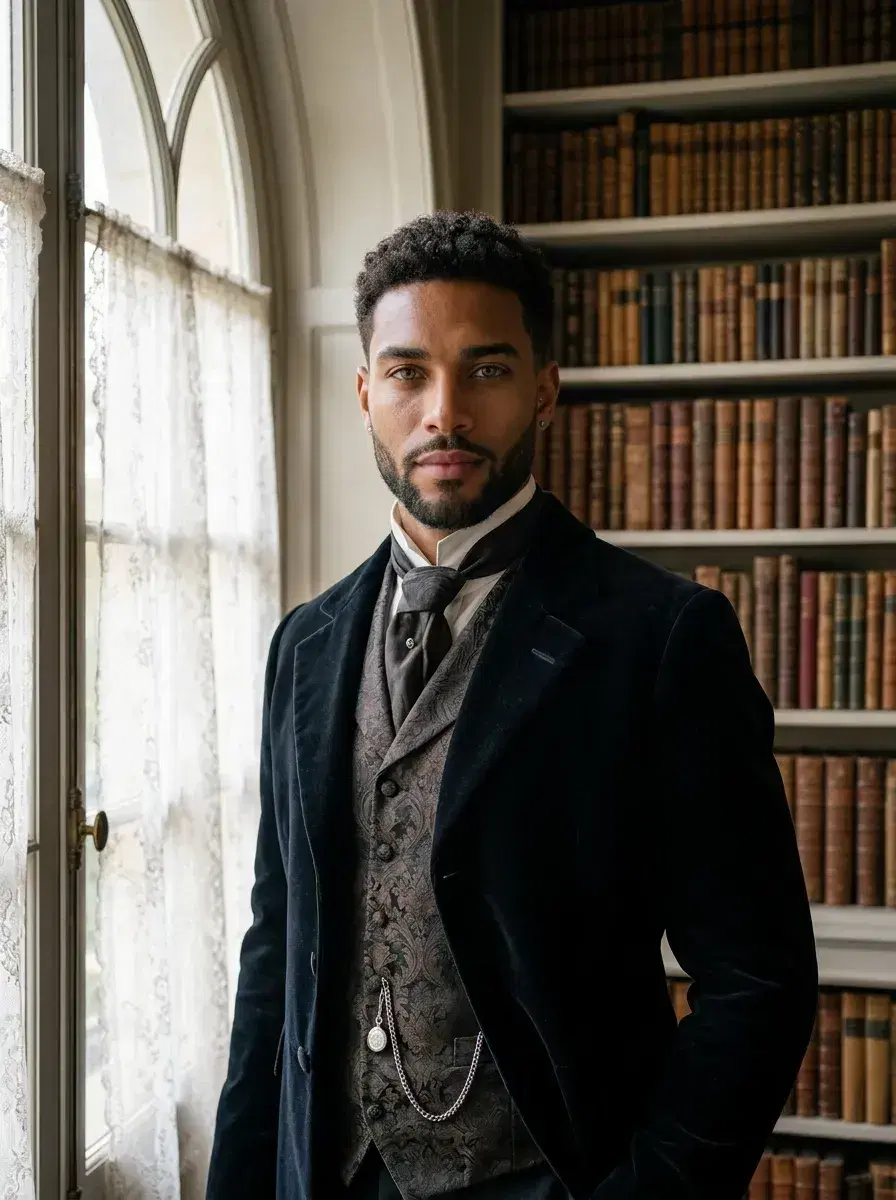 AI AI Victorian Portraits — Timeless Elegance — Three-quarter AI Victorian portrait seated in a grand estate library