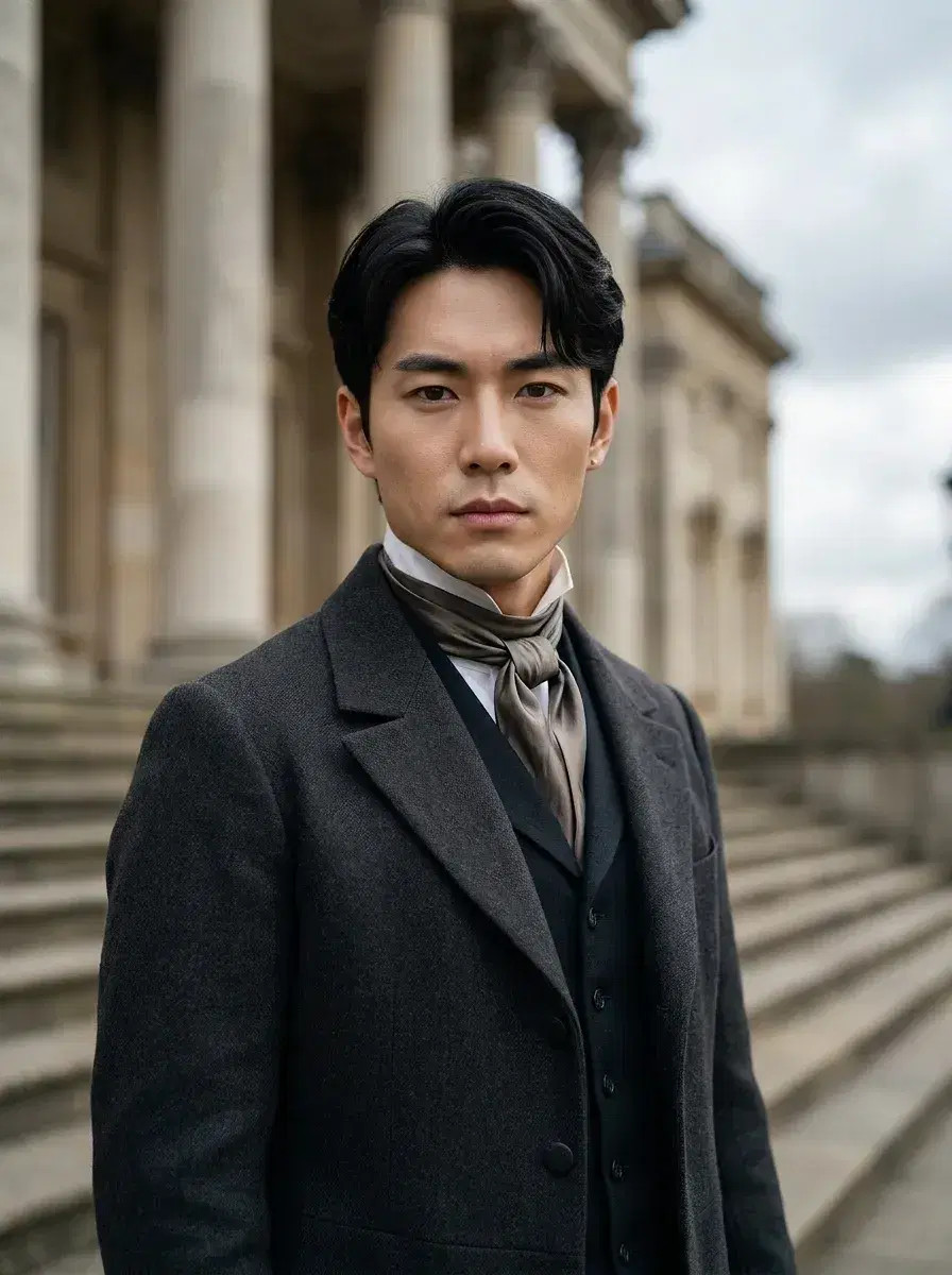 AI AI Victorian Portraits — Timeless Elegance — Waist-up AI Victorian portrait on a gaslit stone bridge at dusk