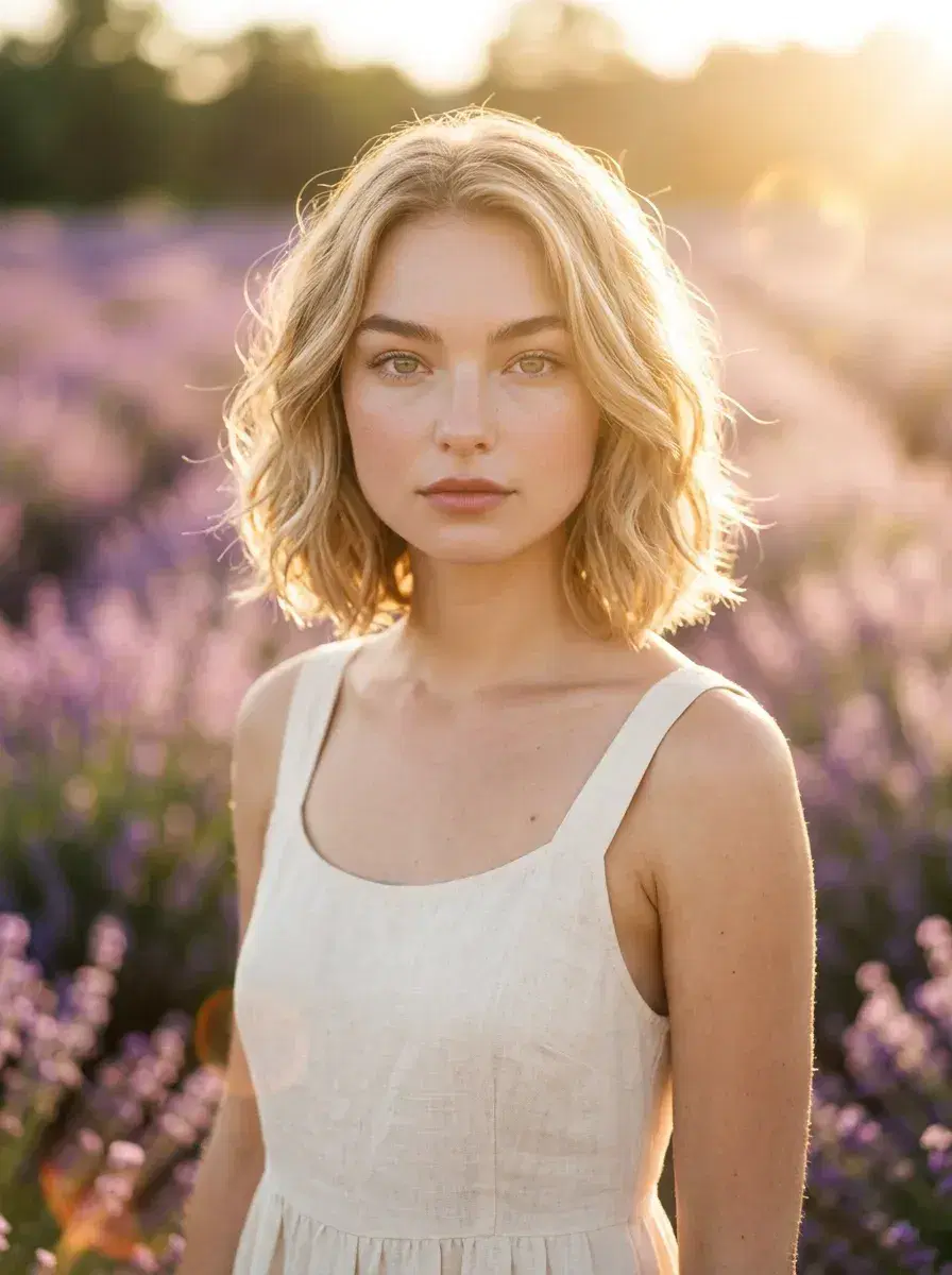 AI AI VSCO Aesthetic Photos — Film-Grain Vibes — AI VSCO aesthetic three-quarter photo in a lavender field with warm overexposed film tones