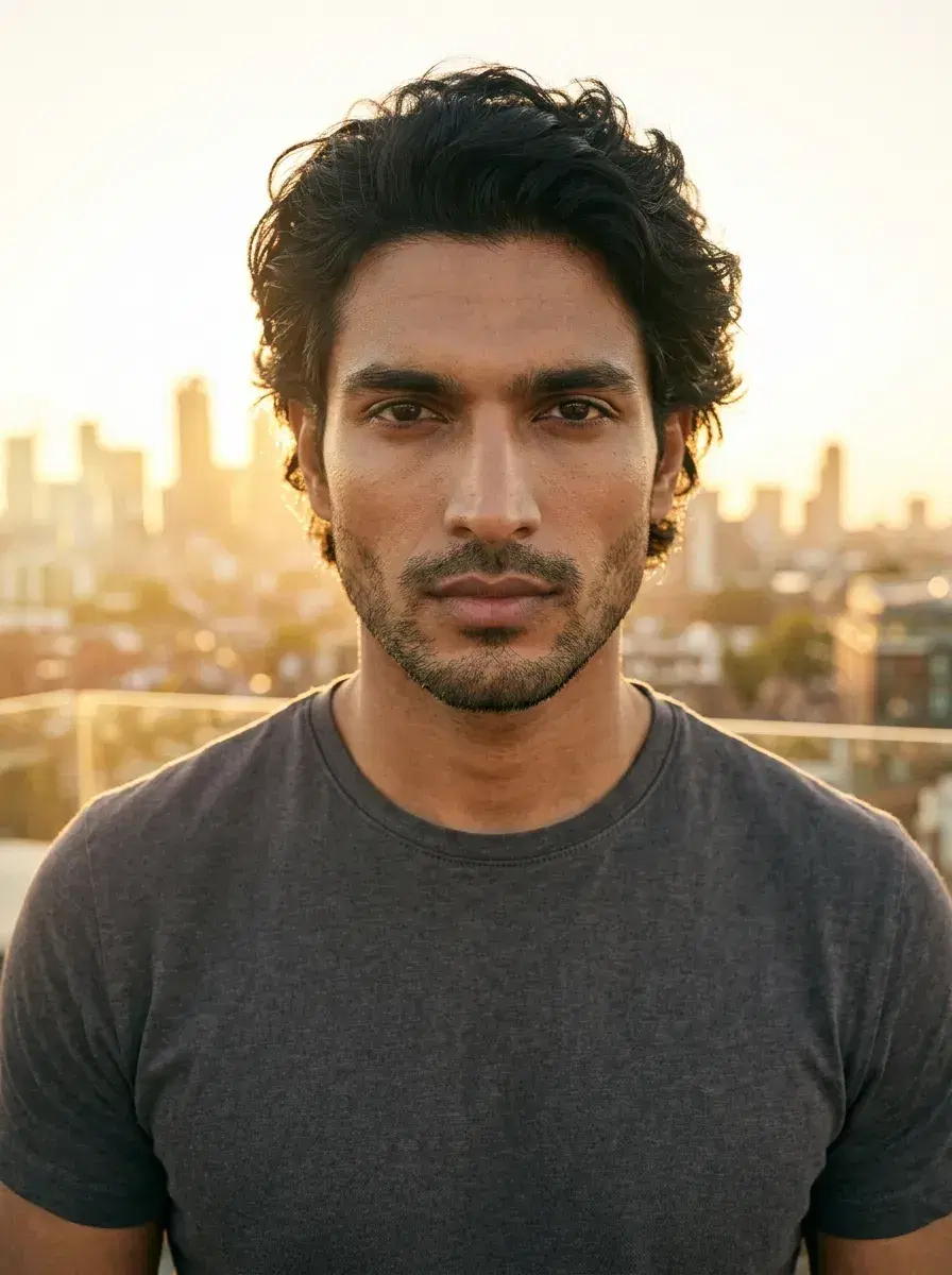 AI AI VSCO Aesthetic Photos — Film-Grain Vibes — AI VSCO aesthetic waist-up rooftop portrait with glowing city skyline at sunset