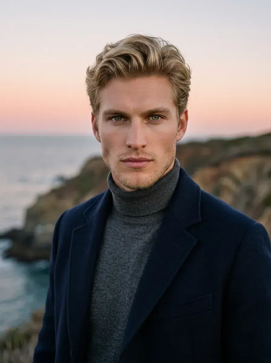 AI AI VSCO Aesthetic Photos — Film-Grain Vibes — AI VSCO aesthetic three-quarter coastal cliff portrait at dusk with faded film tones