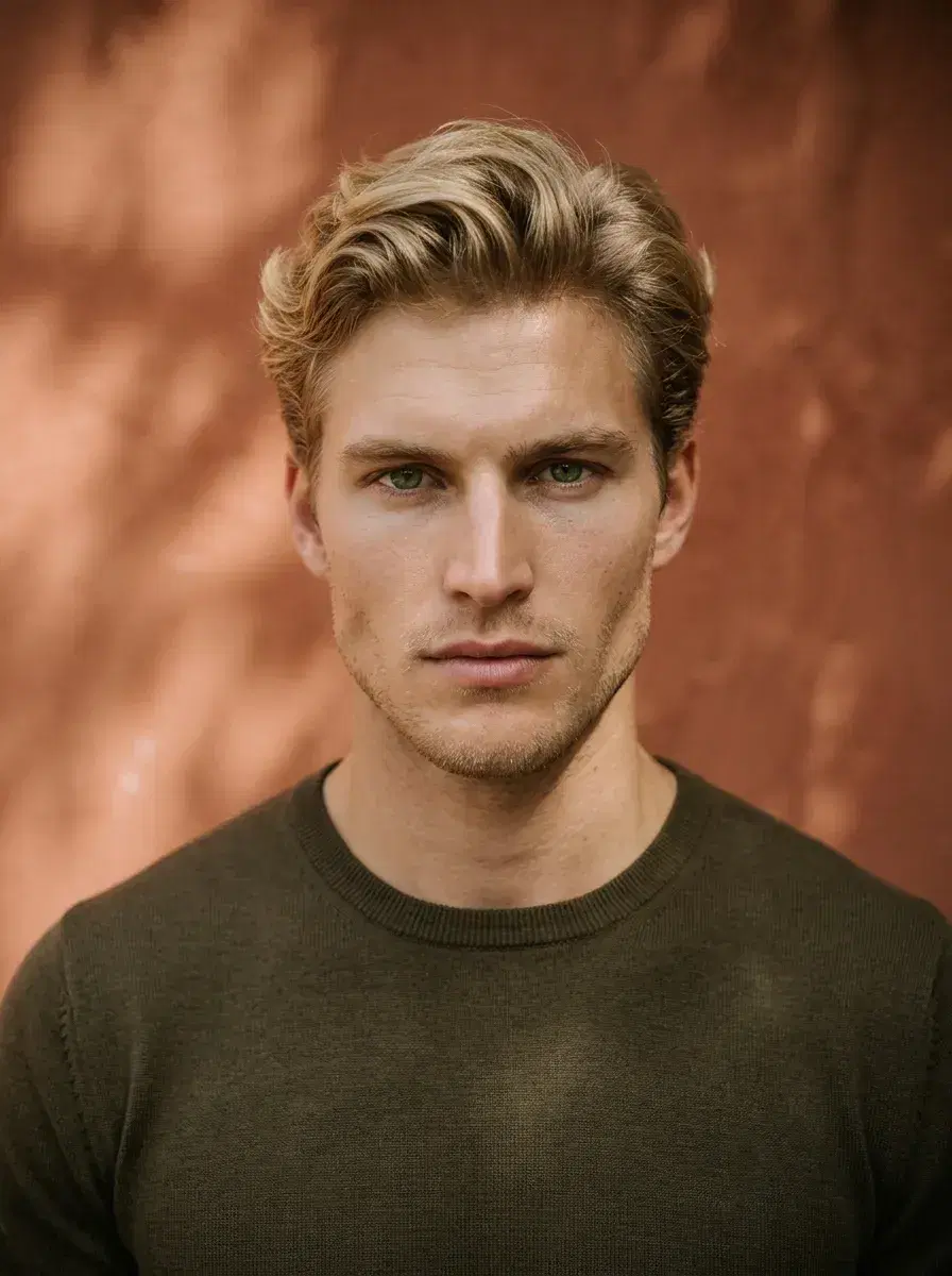 AI AI VSCO Aesthetic Photos — Film-Grain Vibes — AI VSCO aesthetic chest-up portrait against a terracotta wall with warm shadows