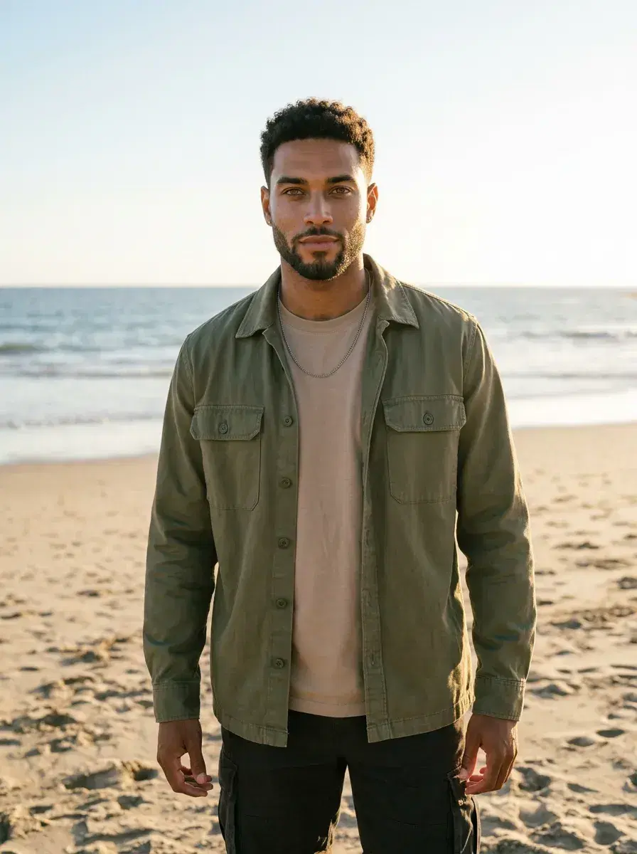 AI AI VSCO Aesthetic Photos — Film-Grain Vibes — AI VSCO aesthetic medium shot on a golden hour beach with faded film tones