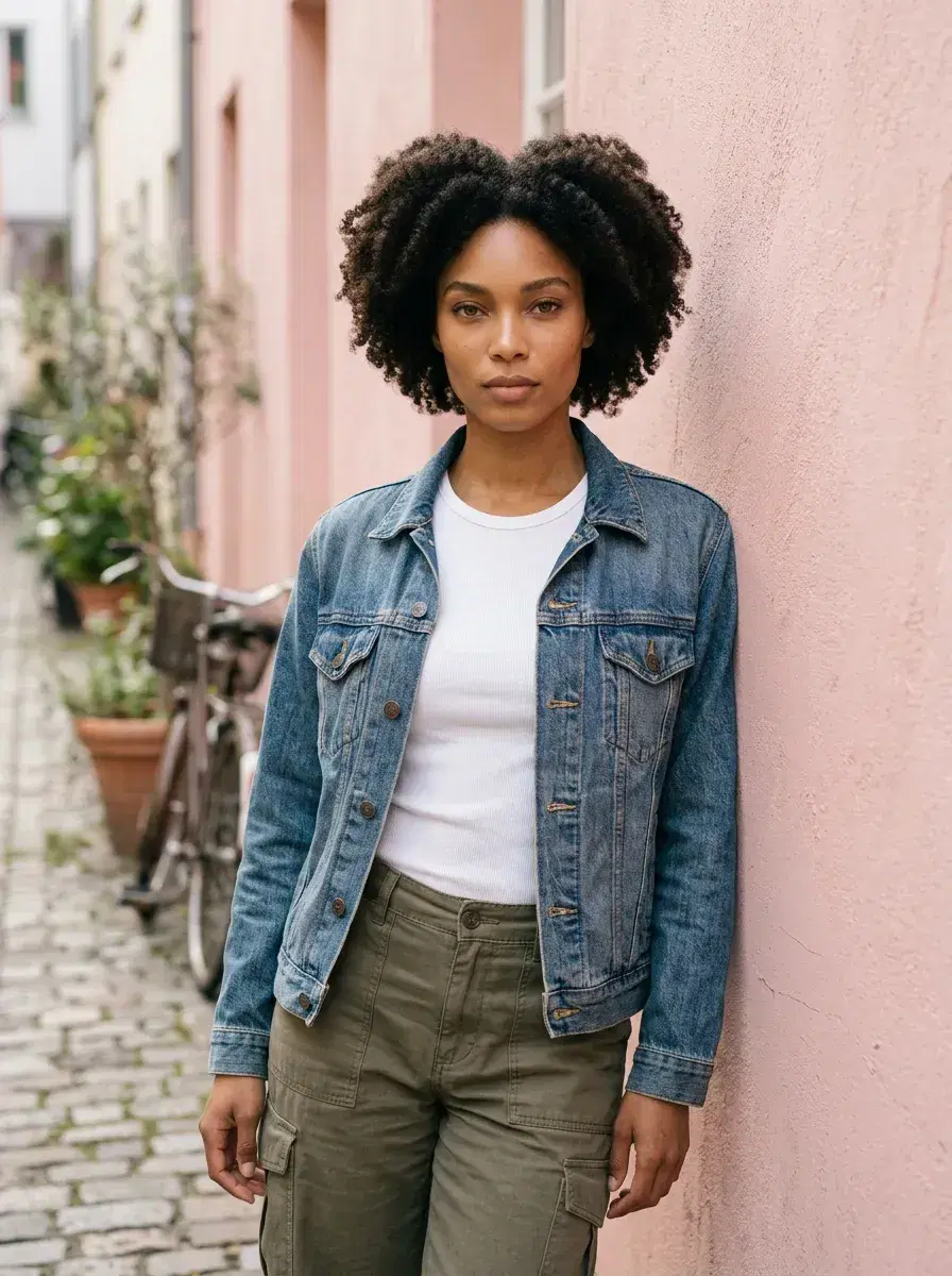 AI AI VSCO Aesthetic Photos — Film-Grain Vibes — AI VSCO aesthetic waist-up portrait against a pastel urban wall with muted tones