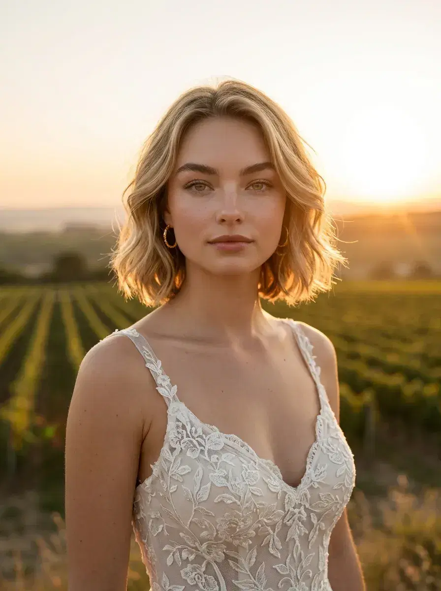 AI AI Wedding Photos — Timeless Portraits — AI wedding portrait in a lavender field at dusk with warm golden tones