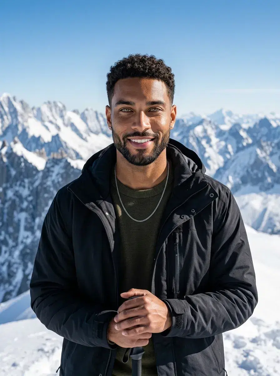 AI AI Winter Photos — Frosty Season Looks — Three-quarter AI winter photo at a snow-covered mountain summit