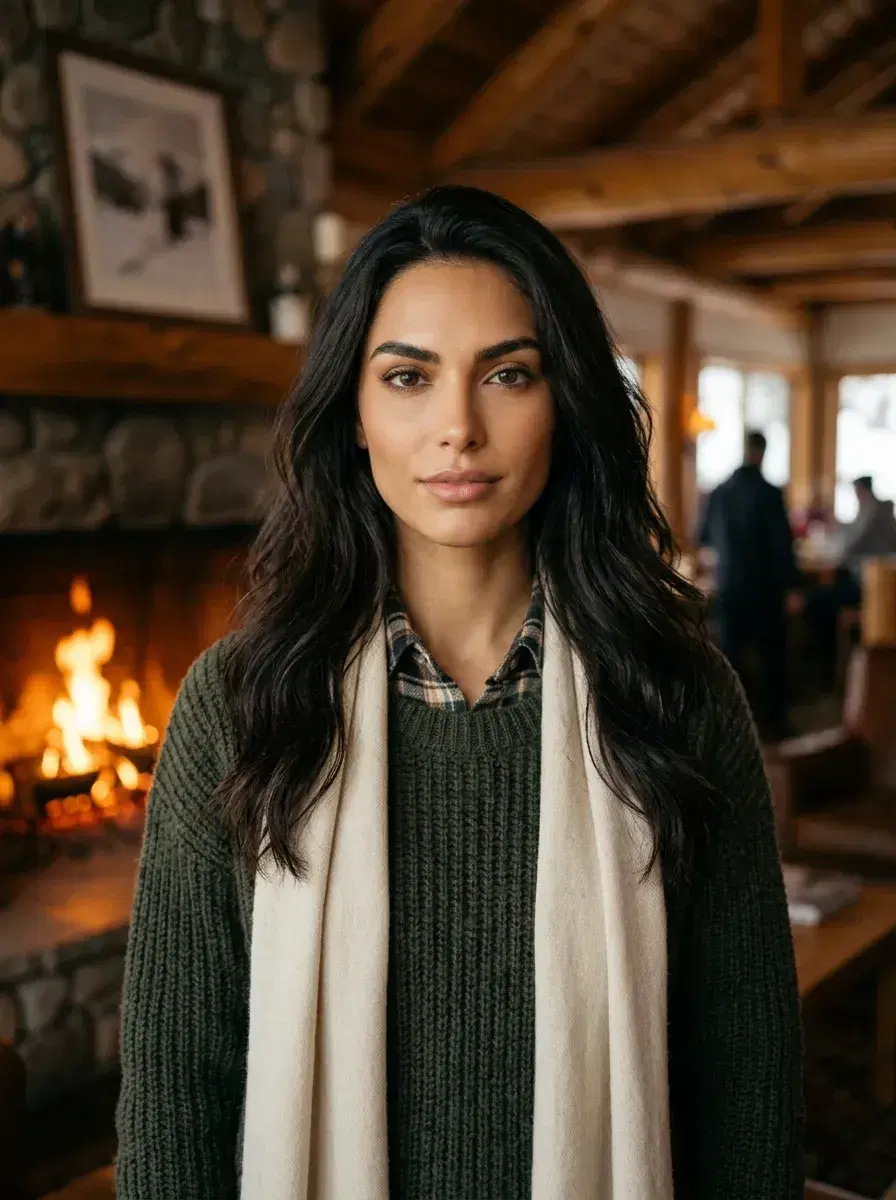 AI AI Winter Photos — Frosty Season Looks — Waist-up AI winter photo inside a cozy ski lodge with fireplace