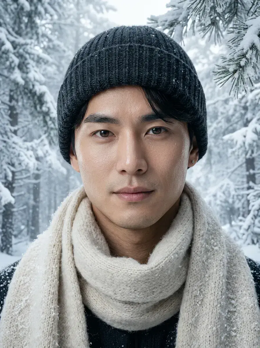 AI AI Winter Photos — Frosty Season Looks — Close-up AI winter portrait in a snowy pine forest