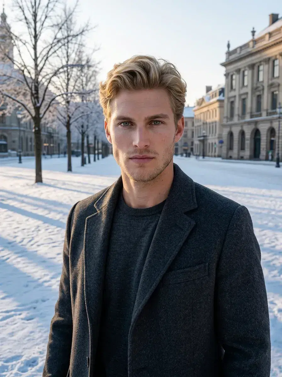 AI AI Winter Photos — Frosty Season Looks — Medium AI winter photo on a snow-covered city plaza at dawn