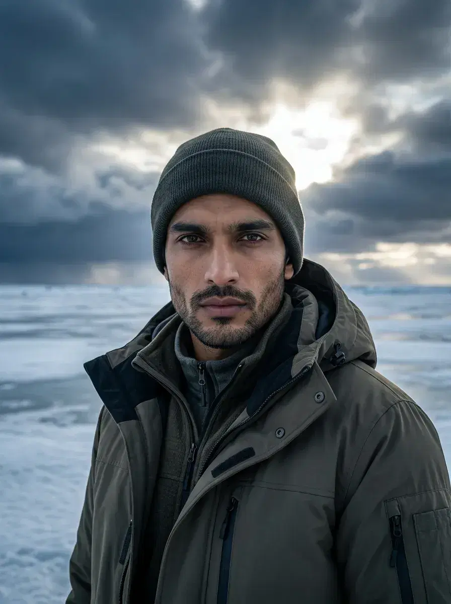 AI AI Winter Photos — Frosty Season Looks — Three-quarter AI winter photo on a frozen tundra under storm clouds