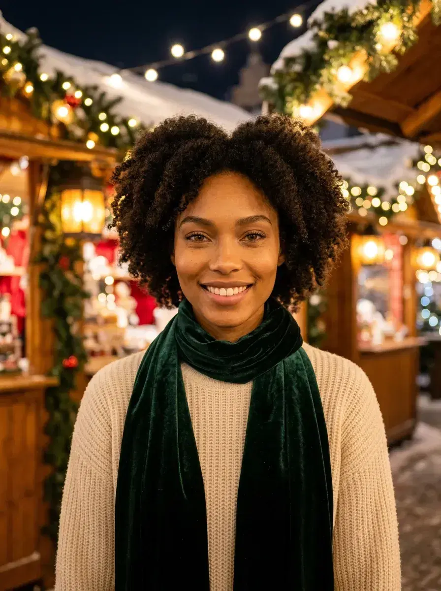 AI AI Winter Photos — Frosty Season Looks — Chest-up AI winter photo at a glowing holiday market