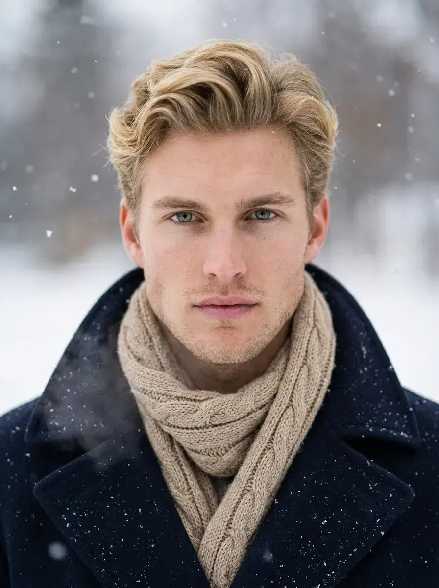 AI AI Winter Photos — Frosty Season Looks — Close-up AI winter portrait with falling snow and knit scarf