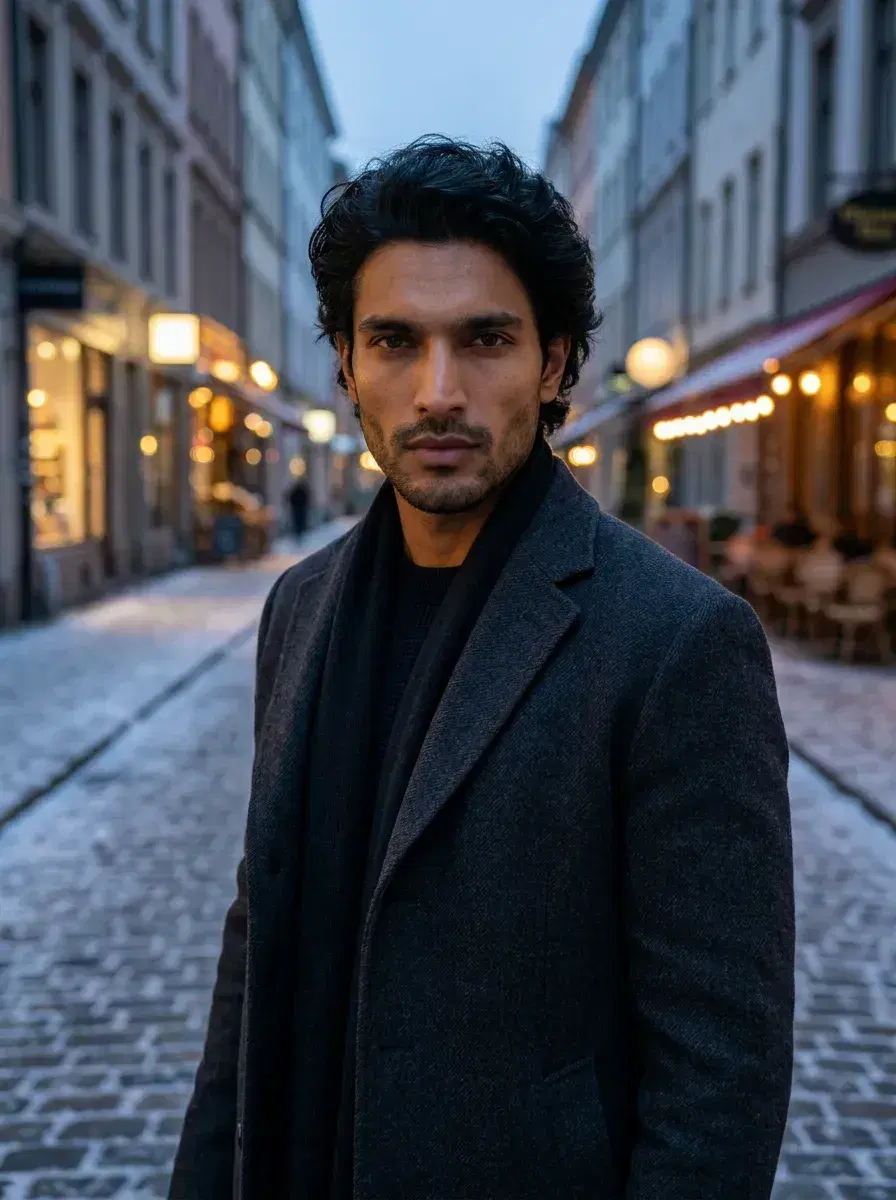 AI AI Winter Photos — Frosty Season Looks — Three-quarter AI winter photo on frost-covered European city street