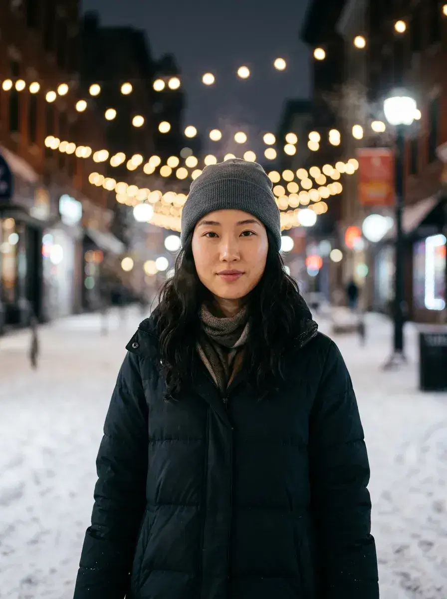 AI AI Winter Photos — Frosty Season Looks — Waist-up AI winter photo under festive string lights on a snowy city boulevard