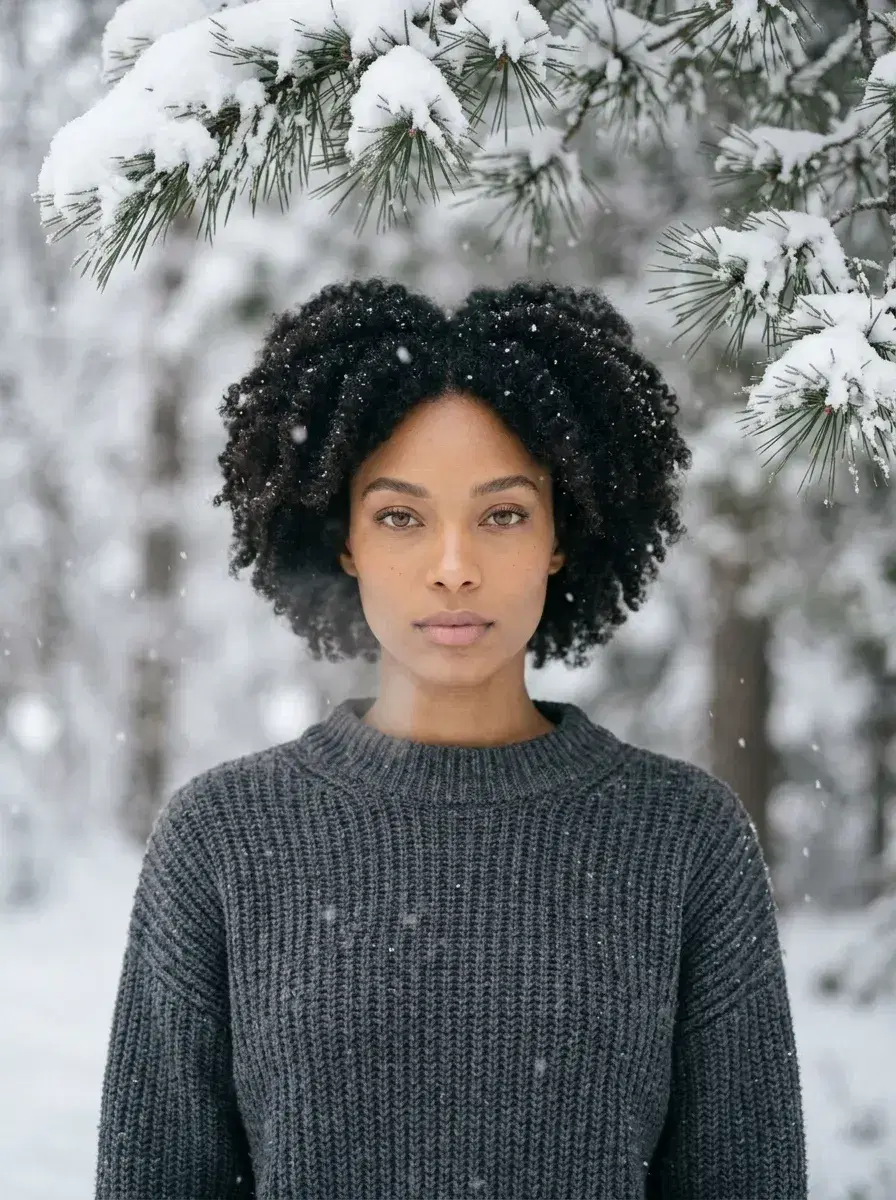 AI AI Winter Portraits — Cozy Studio Looks — Waist-up AI winter portrait under snow-laden pine branches in a quiet forest