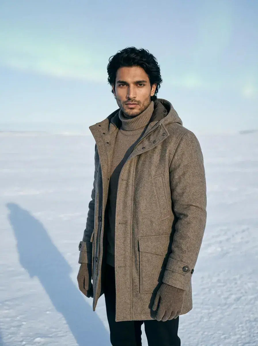 AI AI Winter Portraits — Cozy Studio Looks — Three-quarter AI winter portrait on a frozen tundra with aurora sky tones