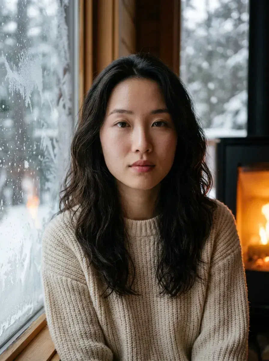 AI AI Winter Portraits — Cozy Studio Looks — Medium AI winter portrait in a cozy cabin with frosted windows and fireplace light