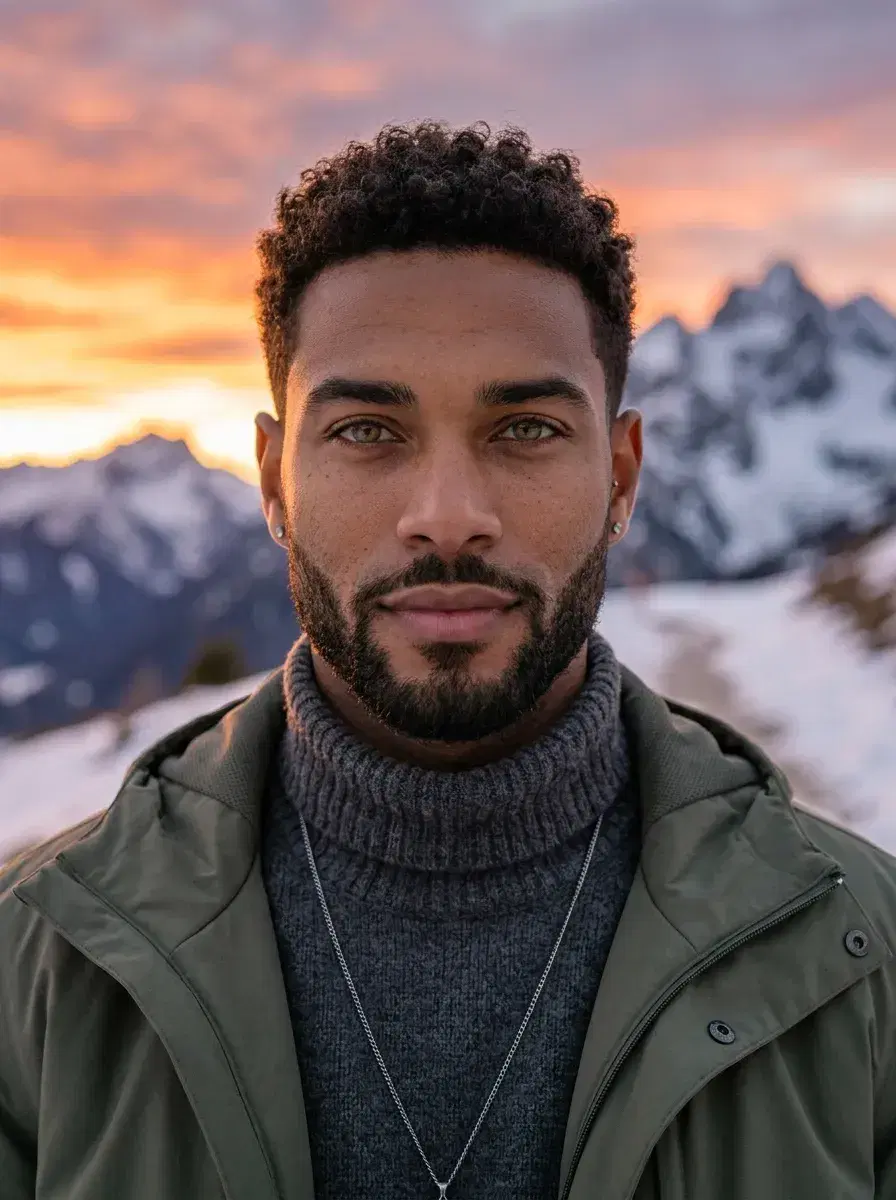 AI AI Winter Portraits — Cozy Studio Looks — Chest-up AI winter portrait on a mountain trail at sunset with orange-pink sky