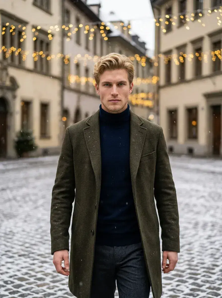 AI AI Winter Portraits — Cozy Studio Looks — Three-quarter AI winter portrait in a snowy European cobblestone square with fairy lights