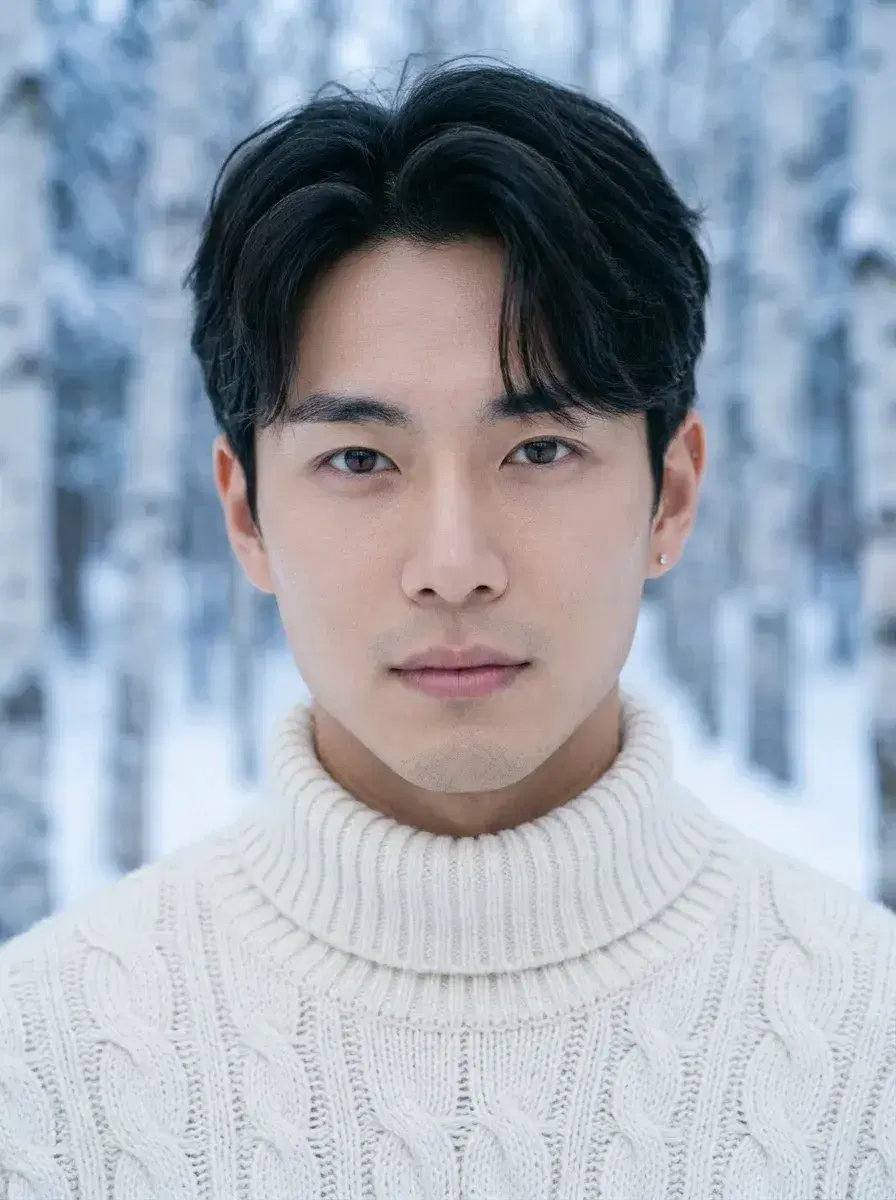 AI AI Winter Portraits — Cozy Studio Looks — Close-up AI winter portrait with blurred snowy birch forest and cool blue tones
