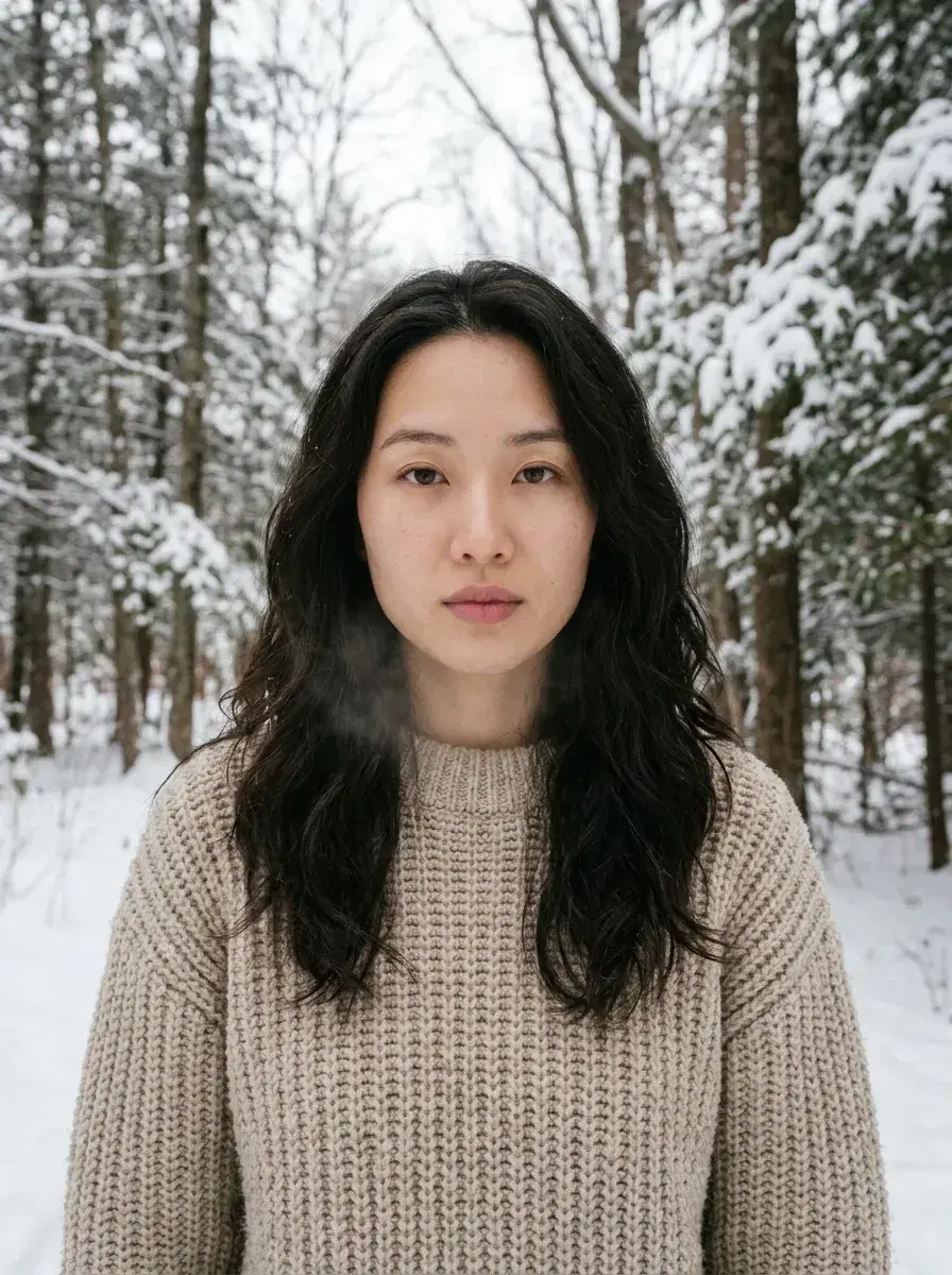 AI AI Winter Portraits — Cozy Studio Looks — Person in chunky knit sweater posing in a snowy pine forest for an AI winter portrait