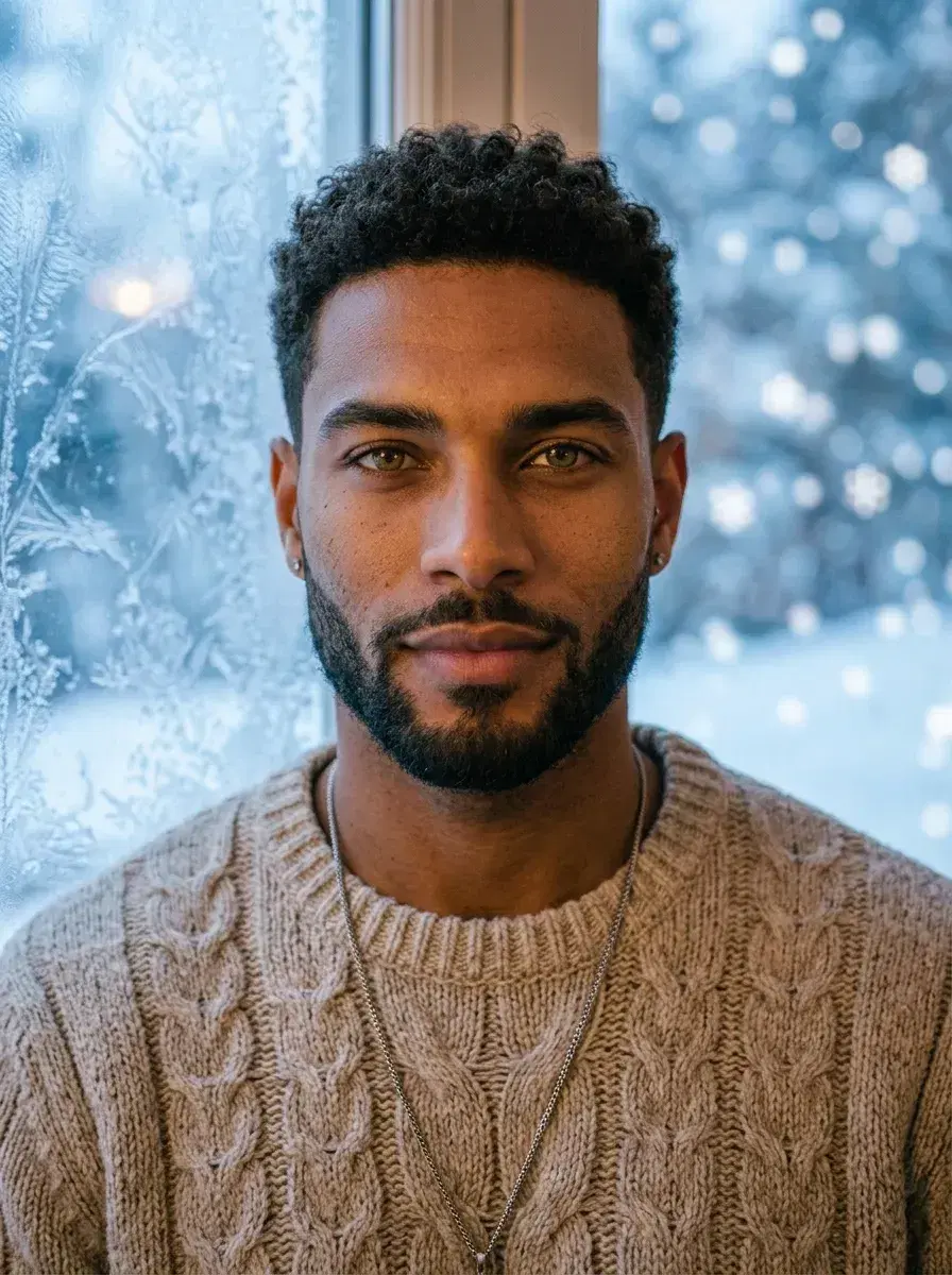 AI AI Winter Portraits — Cozy Studio Looks — Close-up AI winter portrait with frosted window and cozy sweater aesthetic