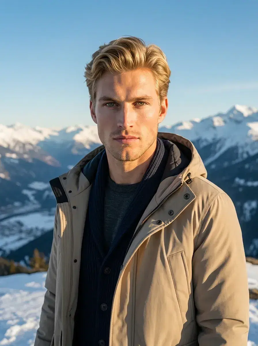 AI AI Winter Portraits — Cozy Studio Looks — Three-quarter AI winter portrait on a snow-dusted mountain at golden hour