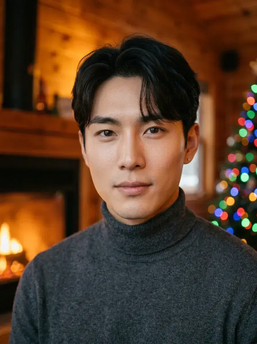 AI AI Winter Portraits — Cozy Studio Looks — Chest-up AI winter portrait in a cozy firelit cabin with Christmas lights bokeh