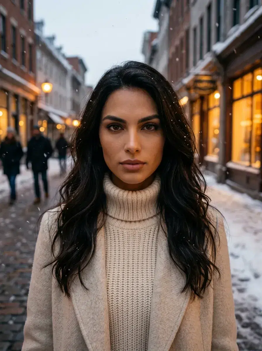 AI AI Winter Portraits — Cozy Studio Looks — Medium AI winter portrait on a snowy city street at dusk with warm shop window glow