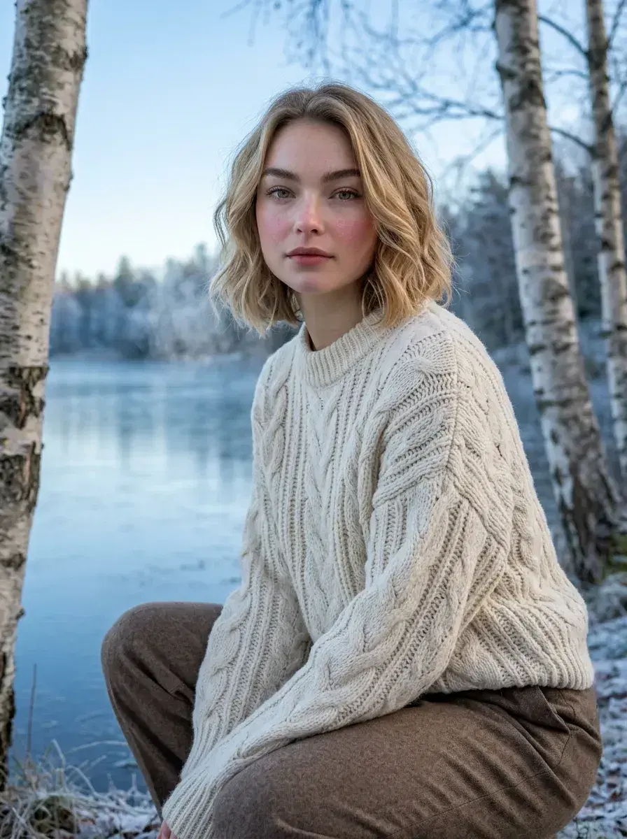 AI AI Winter Portraits — Cozy Studio Looks — Three-quarter AI winter portrait beside a frosted birch-lined lake in soft blue light