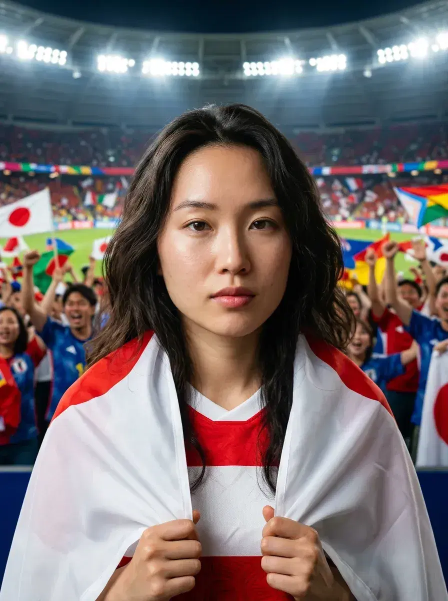 AI AI World Cup 2026 Photos — Be the Story — World Cup fan with national flag draped over shoulders inside a packed stadium