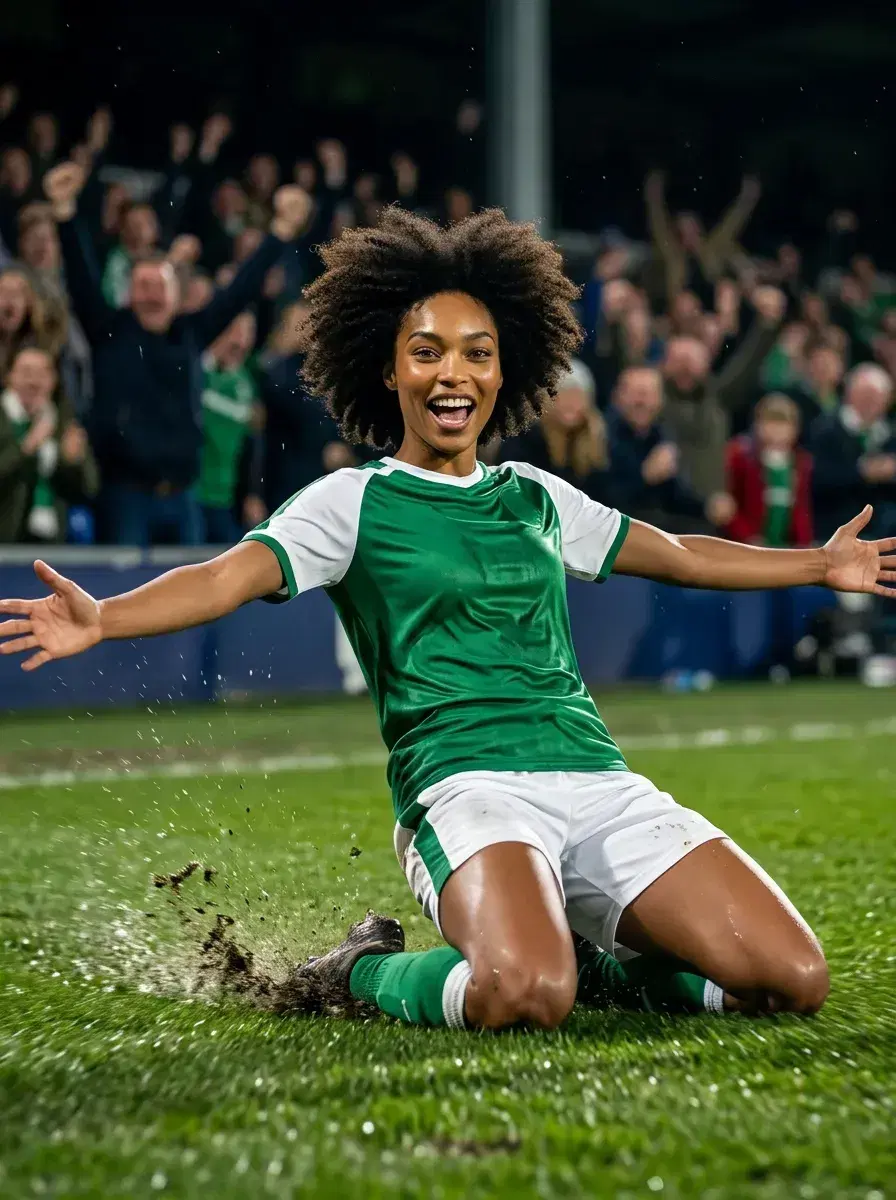 AI AI World Cup 2026 Photos — Be the Story — Person celebrating a World Cup goal with a knee-slide on a wet pitch at night