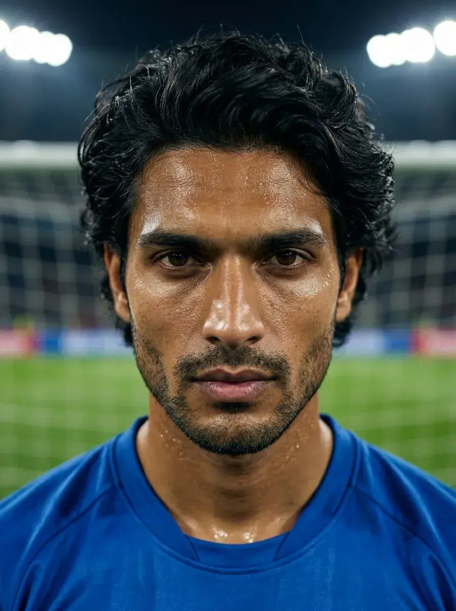 AI AI World Cup 2026 Photos — Be the Story — Intense close-up portrait of a player under World Cup stadium floodlights