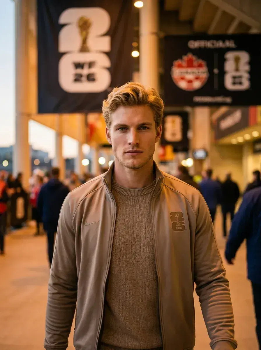 AI AI World Cup 2026 Photos — Be the Story — Person walking through a World Cup 2026 stadium concourse with tournament branding
