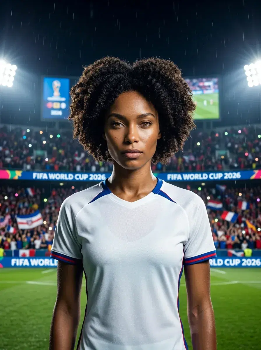 AI AI World Cup 2026 Photos — Be the Story — Person in football kit on a floodlit World Cup stadium pitch at night