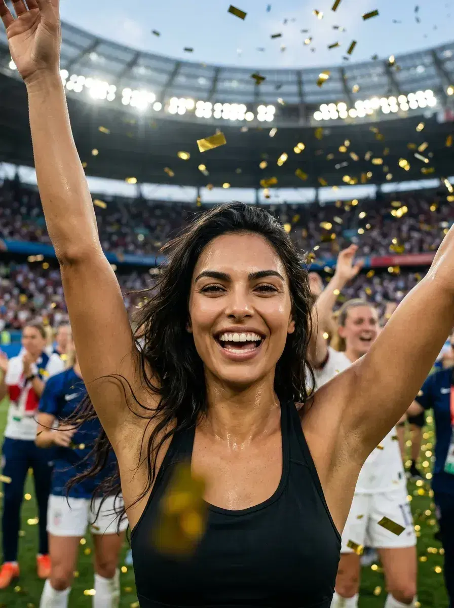 AI AI World Cup 2026 Photos — Be the Story — Person celebrating a World Cup goal with confetti in a packed stadium