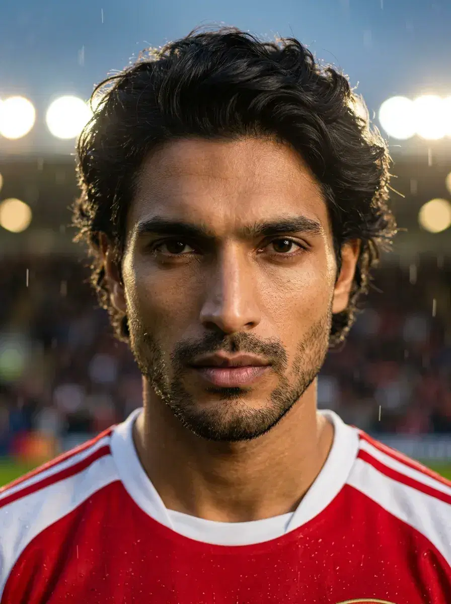 AI AI World Cup 2026 Photos — Be the Story — Close-up portrait of a footballer under stadium lights with crowd bokeh