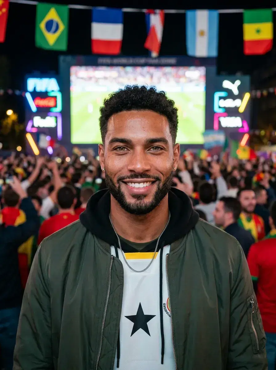 AI AI World Cup 2026 Photos — Be the Story — Person in fan gear at a World Cup 2026 outdoor fan zone viewing party