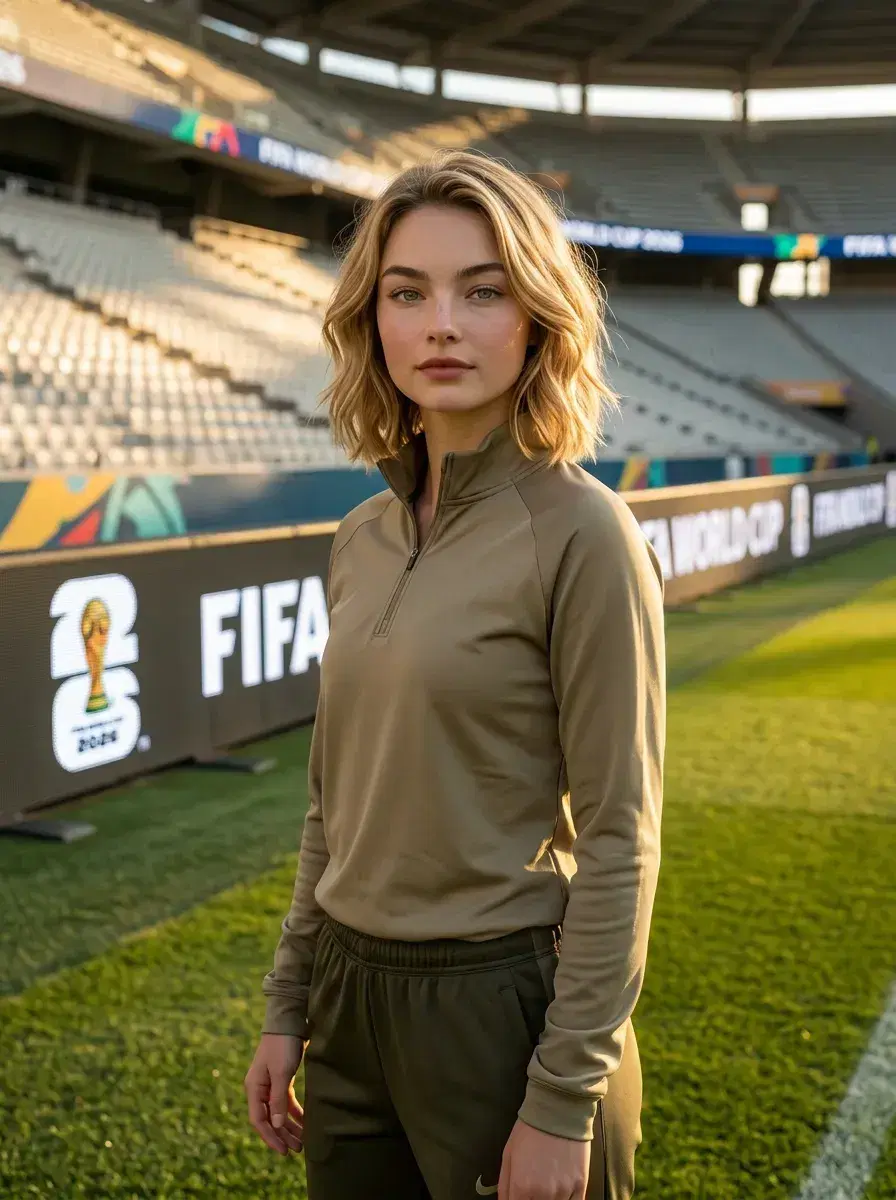 AI AI World Cup 2026 Photos — Be the Story — Person on a World Cup pitch at golden hour with FIFA branding visible