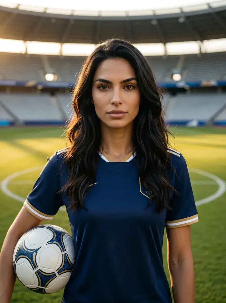 AI AI World Cup Jersey Photos — Fan Icon Looks — Person in navy World Cup jersey holding a football on an empty pitch at dusk