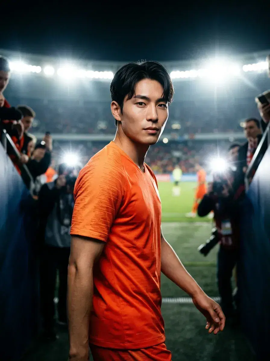 AI AI World Cup Jersey Photos — Fan Icon Looks — Person in orange World Cup jersey emerging from a stadium tunnel into floodlights