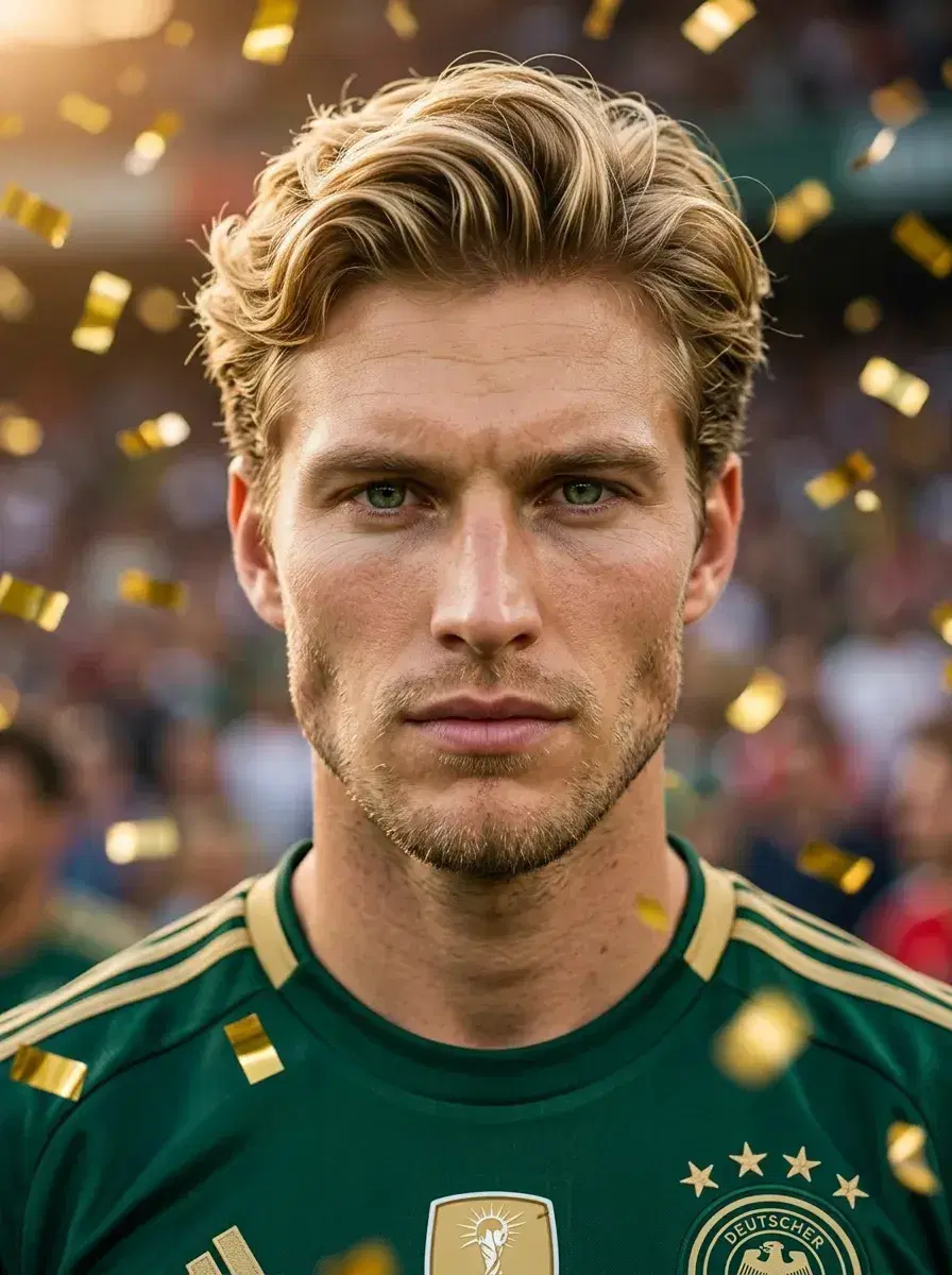 AI AI World Cup Jersey Photos — Fan Icon Looks — Close portrait of person in green and gold World Cup jersey with confetti falling
