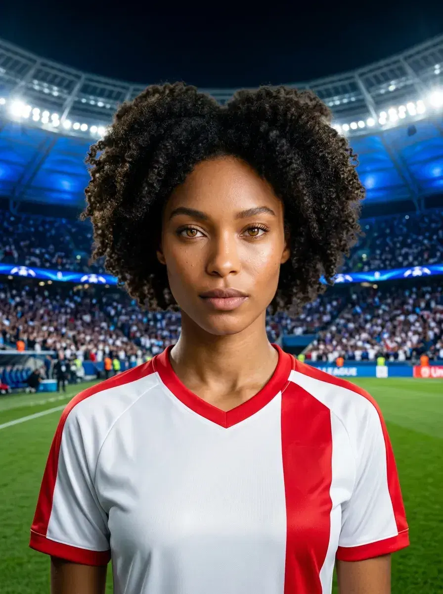 AI AI World Cup Jersey Photos — Fan Icon Looks — Person in white and red World Cup jersey at pitch-side with lit stadium behind